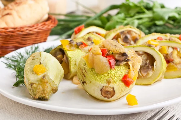 Roasted marrow squash stuffed with vegetables, meat and mushrooms — Stock Photo, Image