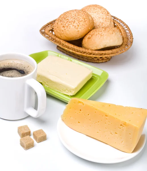 Coffee with brown sugar, butterdish, buns and cheese — Stock Photo, Image