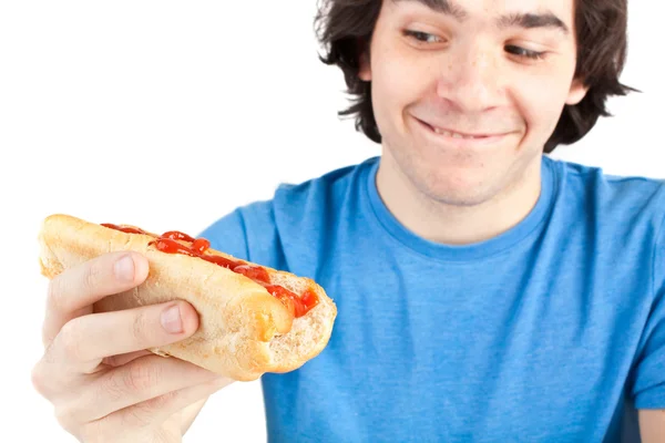 Man with hot dog — Stock Photo, Image