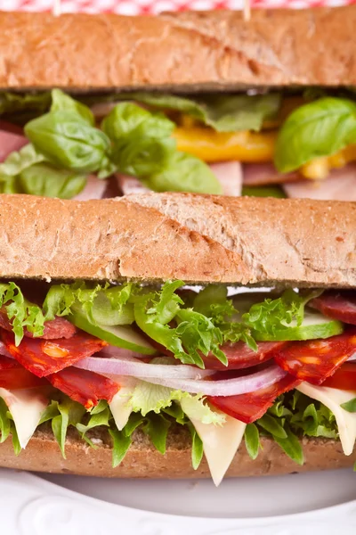 Long whole wheat baguette sandwich — Stock Photo, Image