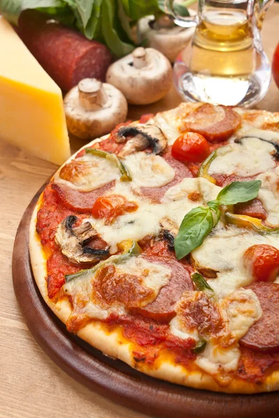 Salami, svamp och grönsaker pizza — Stockfoto