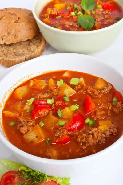 Dos porciones de carne picada y sopa de tomate vegetal —  Fotos de Stock