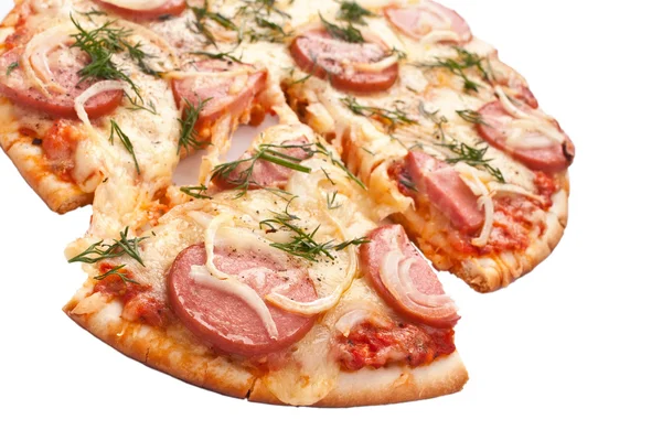 Sliced sausage and onion pizza — Stock Photo, Image