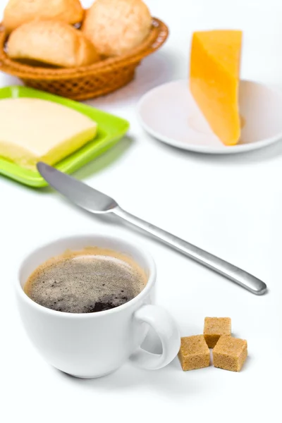 Kaffee mit braunem Zucker, Käse, Butter — Stockfoto