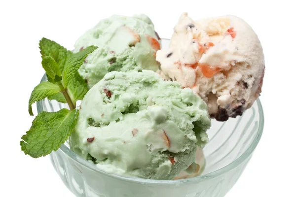 Three scoops of ice cream with mint leaves in a glass — Stock Photo, Image