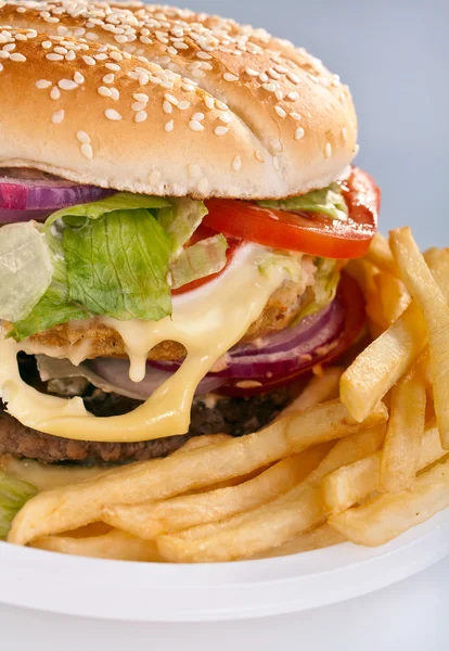 Cheeseburger con patatine fritte su piatto usa e getta — Foto Stock