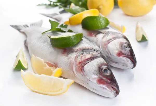 Peixes-marinhos crus com hebs, limas e limões — Fotografia de Stock