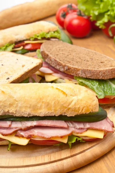 Group of long baguette and toasted sandwiches — Stock Photo, Image