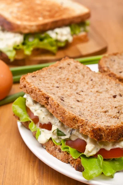 Salad telur sandwich pada roti coklat dan panggang putih — Stok Foto