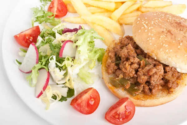 Sloppy Joe minced meat sandwich with french fries and salad — Stock Photo, Image