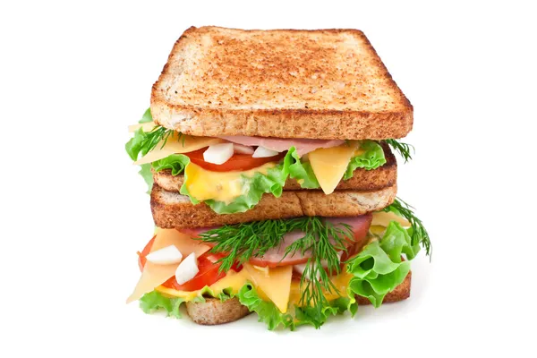 Maso, hlávkový salát a sýr sendvič na toastový chléb — Stock fotografie