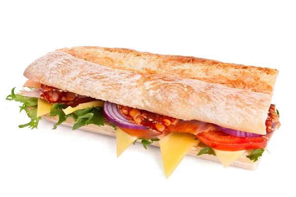 Long white wheat baguette sandwich — Stock Photo, Image