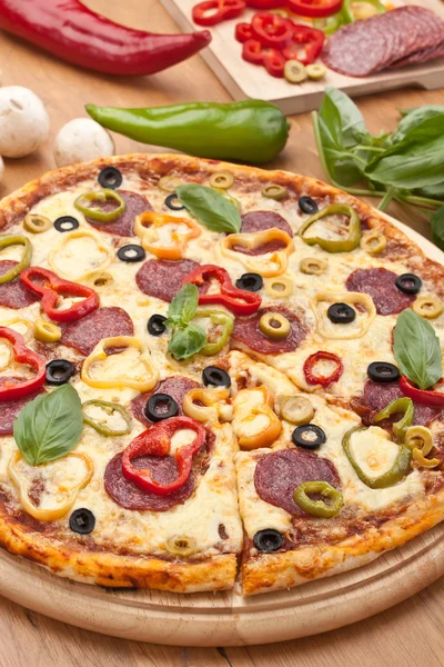 Salami and vegetable pizza with ingredients — Stock Photo, Image