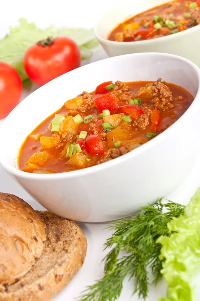 Due porzioni di carne macinata e zuppa di pomodoro vegetale — Foto Stock