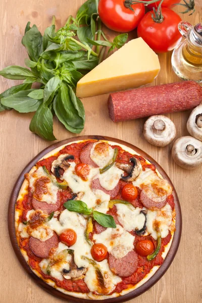 Salami, mushroom and vegetable pizza — Stock Photo, Image