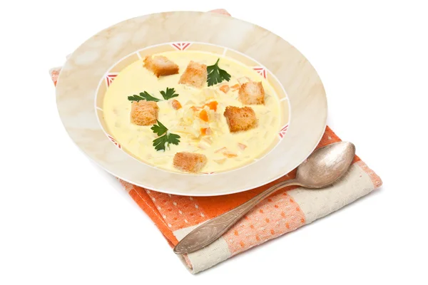 Serving of cheese and vegetable cream soup — Stock Image Serving of cheese and vegetable cream soup Stock Photo