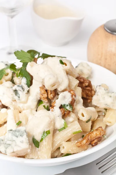 Pasta with blue cheese, sauce and walnuts — Stock Photo, Image