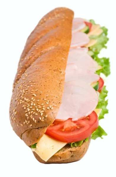 Long whole wheat baguette sandwich with lettuce, tomatoes, cucum — Stock Photo, Image