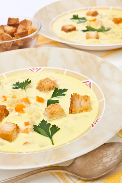 Due porzioni di formaggio e zuppa di crema di verdure — Foto Stock