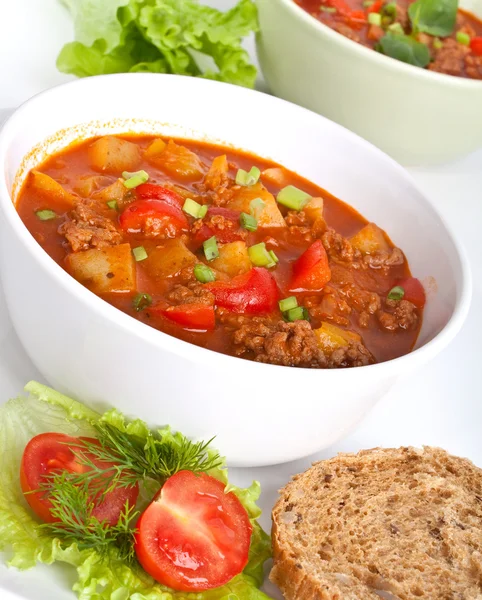 Dos porciones de carne picada y sopa de tomate vegetal —  Fotos de Stock