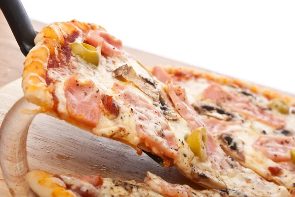 Slice of ham and mushrooms pizza lifted up — Stock Photo, Image