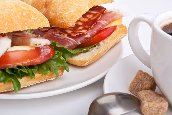 Ciabatta bread sandwich stuffed with meat — Stock Photo, Image