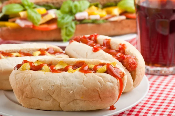 Three classic hot dogs — Stock Photo, Image