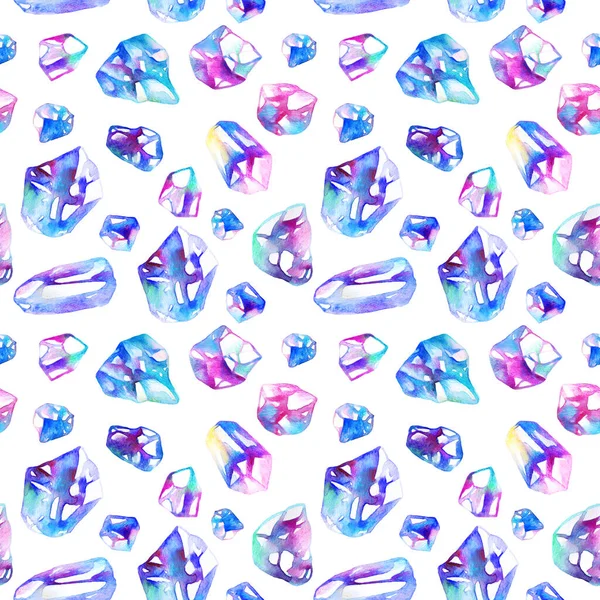 Elle Çizilmiş Elmas Kristalleri Kusursuz Desenli Dekoratif Suluboya Çizimleri Beyaz — Stok fotoğraf