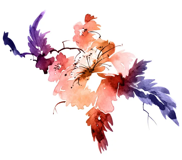 Akvarel Ručně Kreslené Větev Květinami Listy Bílém Pozadí — Stock fotografie