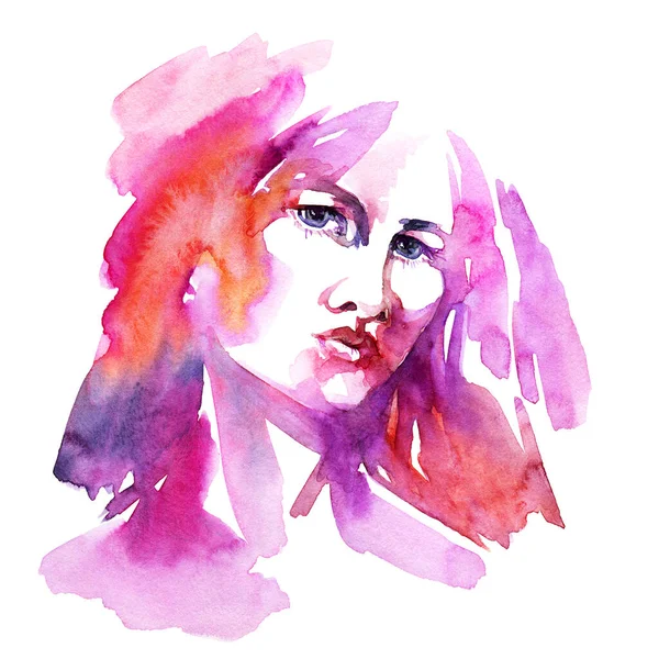 Watercolor Hand Drawn Portrait Woman White Background — Stock Photo, Image