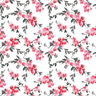 Çiçekleri, tomurcukları ve yaprakları pembe olan çiçek ağacının suluboya ve mürekkep çizimi. Geleneksel oryantal resim tarzı sumi-e, u-sin ve gohua. Kusursuz desen.