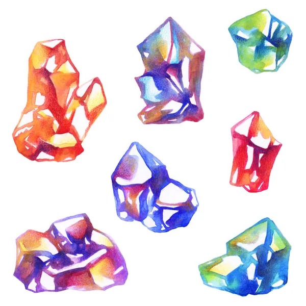 Handgetekende Aquarelkristallen Schilderen Witte Achtergrond — Stockfoto