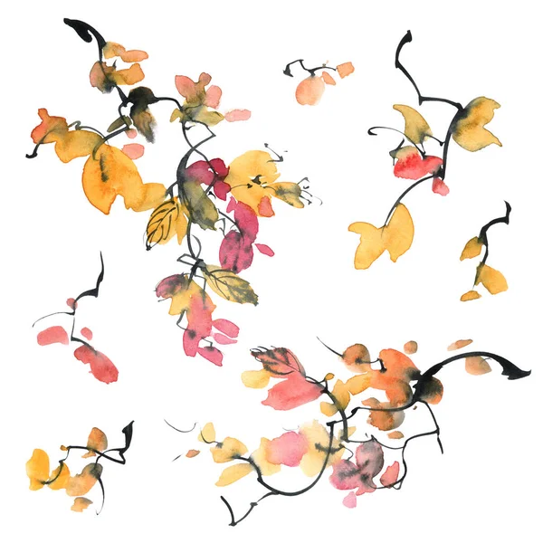 Υδατογραφία Και Μελάνη Εικονογράφηση Του Κλαδιού Φύλλα Oriental Παραδοσιακή Ζωγραφική — Φωτογραφία Αρχείου