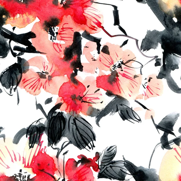 Akvarell Sömlös Mönster Blomma Sakura Blommor Och Blad Orientalisk Traditionell — Stockfoto