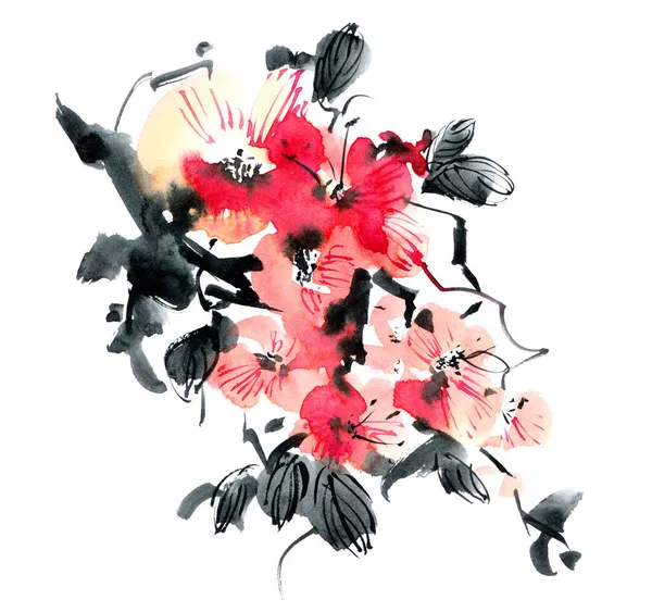 桜の水彩とインクのイラスト ピンクの花と芽で小枝 様式による東洋の伝統絵画墨絵 Sin Gohua — ストック写真