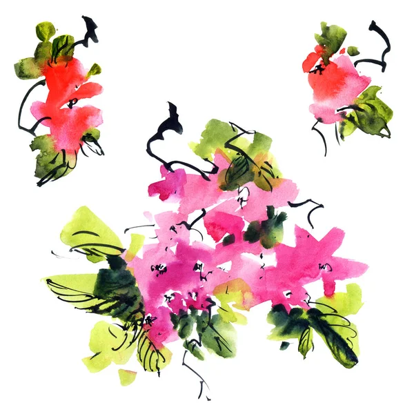 Acuarela Ilustración Tinta Flor Sakura Ramita Con Flores Brotes Color —  Fotos de Stock