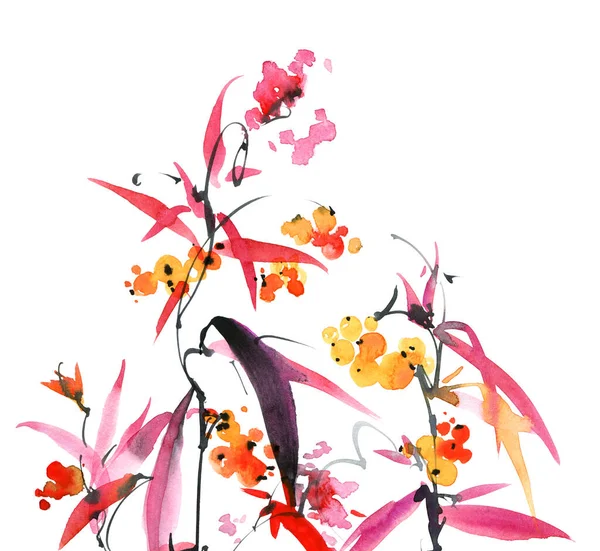 Watercolor Ink Illustration Grassy Plants Leaves Pink Flowers Buds Berries — Stock Photo, Image