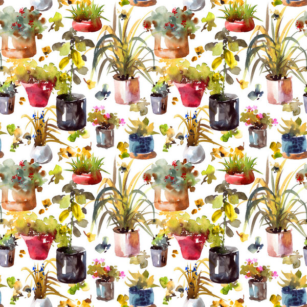 Watercolor seamless pattern - llustration of home plants in a pots on white background