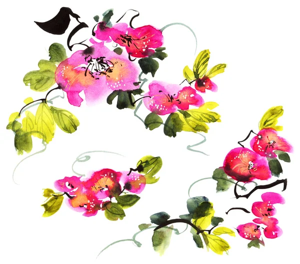 Akwarela Malarstwo Różowe Kwiaty Zielonymi Liśćmi — Zdjęcie stockowe