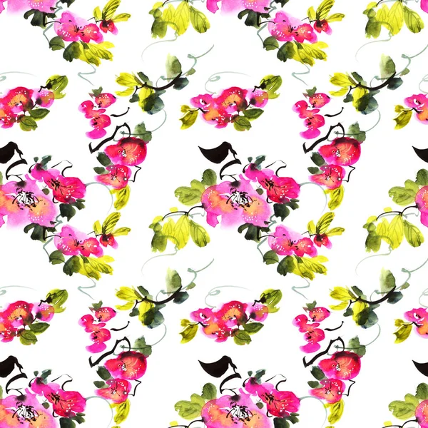 Watercolor Painting Pink Flowers Green Leaves Seamless Pattern — 图库照片