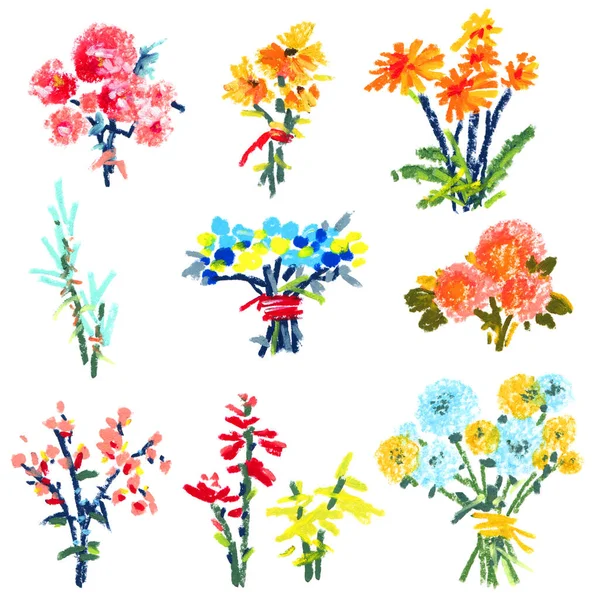 Oil Illustration Flowers White Background Bouquets Twigs — 스톡 사진