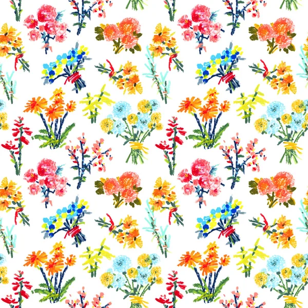 Oil Illustration Flowers White Background Bouquets Twigs Seamless Pattern — Fotografia de Stock
