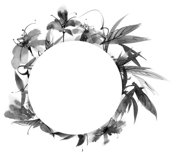 Pintura Tinta Flores Folhas Fundo Branco Pintura Tradicional Oriental Estilo — Fotografia de Stock