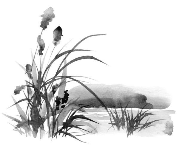 Ink Painting Landscape Grass Oriental Traditional Painting Style Sumi — стокове фото