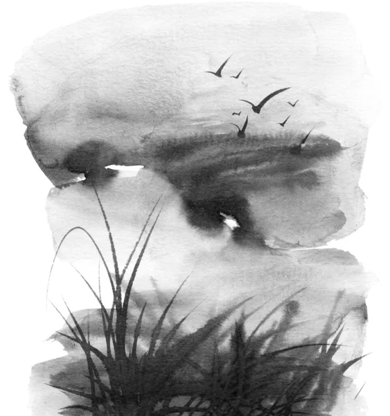 Ink Painting Landscape Cloudy Thunderstorm Sky Grass Flying Birds Oriental — Photo