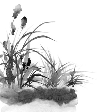 Ink painting of landscape with grass. Oriental traditional painting in style sumi-e.