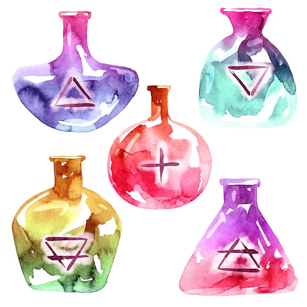 Watercolor Hand Drawn Bottles Alchemy Symbols — Photo