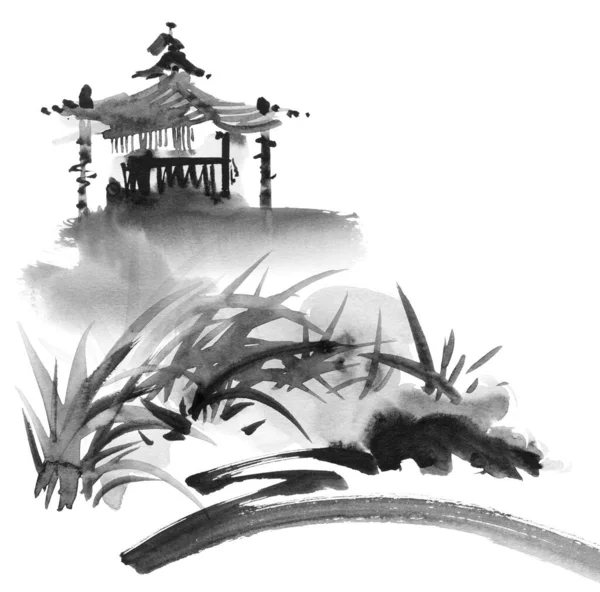 Pagoda 'lı peyzaj ve biraz yeşillik. Geleneksel oryantal resim tarzı sumi-e.