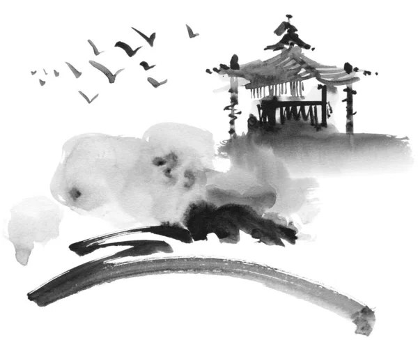 Ink painting of landscape with pagoda and some greenery. Oriental traditional painting in style sumi-e.