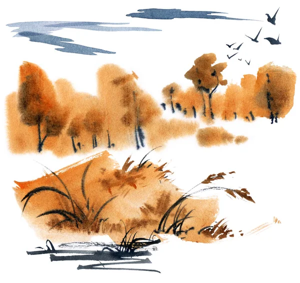 秋天水彩斑斓的风景 绿树成荫 草木繁茂 湿法工艺中的浸渍 — 图库照片#